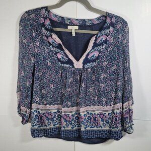Joie Floral Boho Blouse Navy Blue Pink Long Sleeve V-Neck Top Size XXS